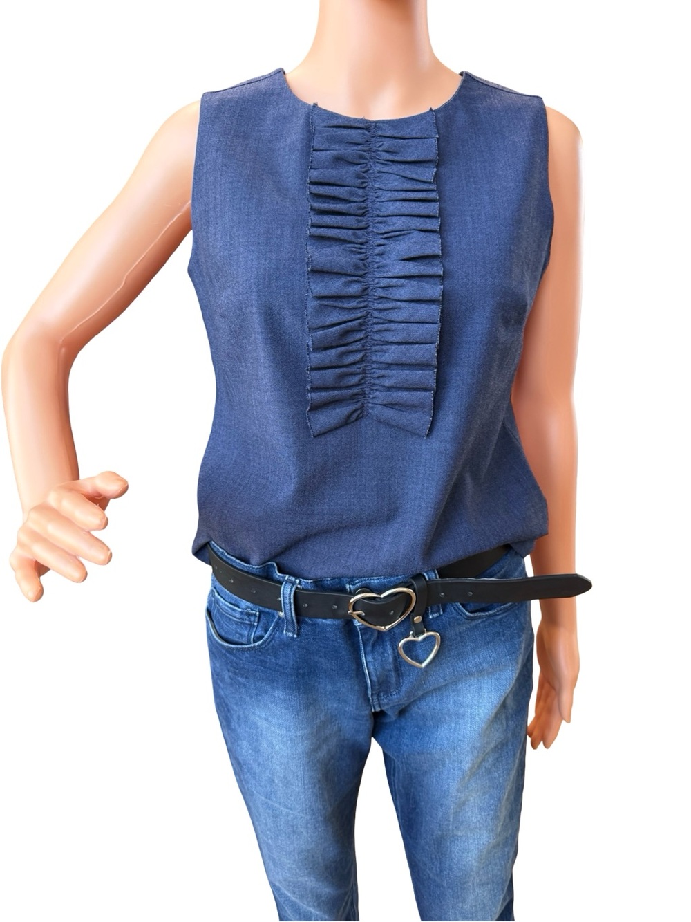 Banana Republic Denim-Blue Sleeveless Ruffle Placket Top